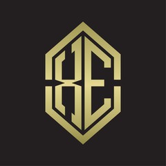 XE Logo monogram with hexagon shape and outline slice style with gold colors