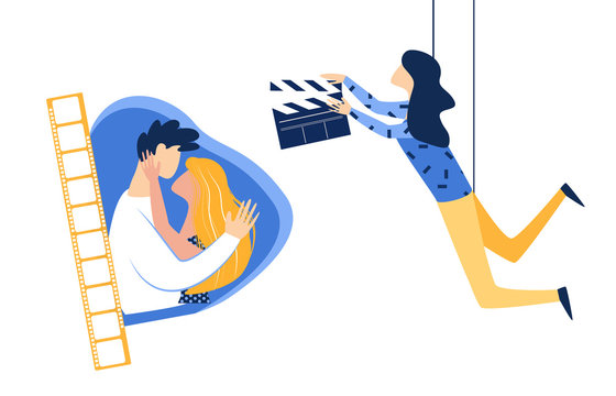 Love Story Movie Making Process. Man and Woman Actors Hugging and Kissing in Film Frame, Girl with Clapperboard Hanging on Ropes in Air Isolated On White Background. Cartoon Flat Vector Illustration