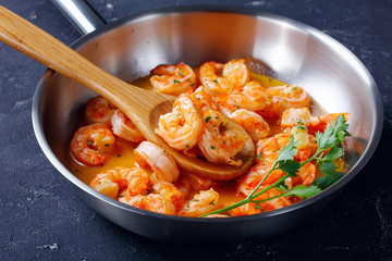 Seafood dish shrimp scampi with garlic and butter