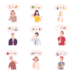 People Trying to Make Decisions Set, Men and Women Thinking about Environmental Protection, Healthy and Unhealthy Food and Lifestyle Flat Vector Illustration