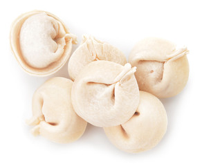 Raw fresh dumplings on white background