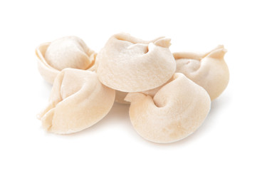 Raw fresh dumplings on white background