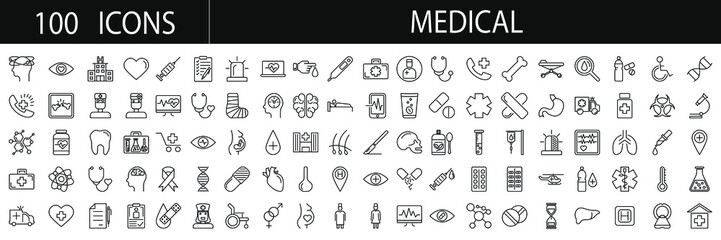 Medical  icon set. Linear icons, sign and symbols in flat linear design of medicine and healthcare with elements for mobile concepts and web applications. Collection of Modern Infographic Logo a