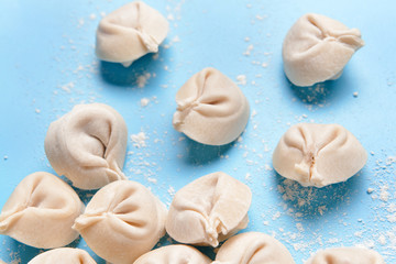 Raw fresh dumplings on color background