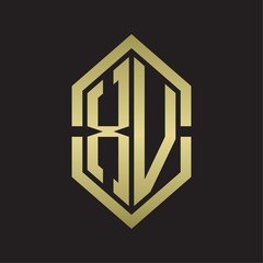 XV Logo monogram with hexagon shape and outline slice style with gold colors