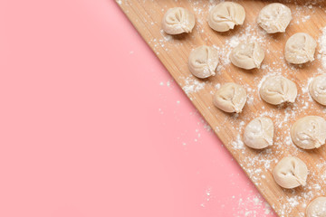 Raw fresh dumplings on color background