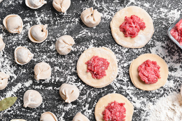 Fototapeta na wymiar Making of tasty dumplings on dark background