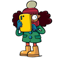 little confused black girl in winter clothes with cellphone in hand