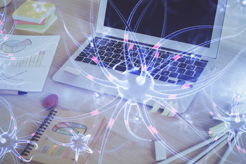 Desktop computer background and neuron drawing. Double exposure. Education concept.