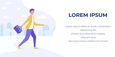 Successful Businessman Character with Bag Walk on City Street. Vector Cityscape with Skyscrapers Flat Illustration. Leadership, Career Growth, Goal Achievement, Business Success. Advertising Banner