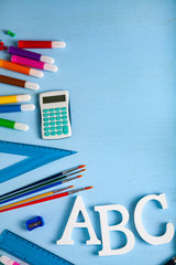 Back to school. Items for the school and letters ABC