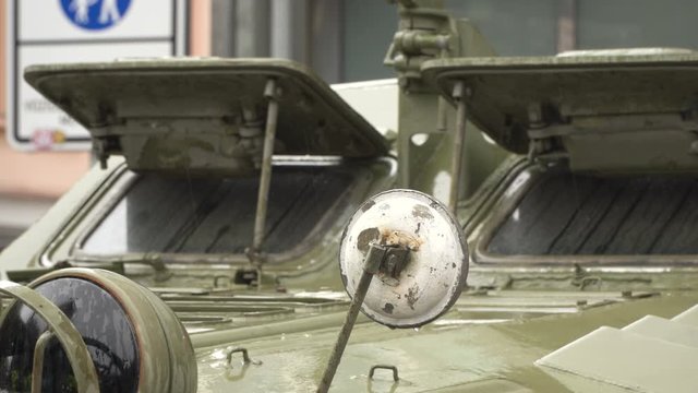 installation of Armored personnel carriers BTR-70MB, BTR-80 at rainy day. Russian army truck in Prague symbolize ocuppation and communism in past iin europe