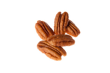 Brown pecan nut isolated on white background. Healthy and diet food.