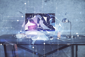 Double exposure of table with computer and brain hologram. Data innovation concept.