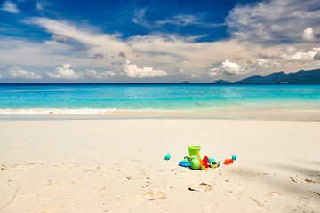 Fototapeta na wymiar Toys on Anse Soleil beach at Seychelles