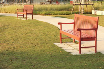 Image of two vintage benches at the public park with trees and lawn on the beautiful bright and shiny twilight sunlight background imply loneliness life.