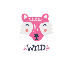 Wild hand drawn decorative color vector lettering. Cute pink wolf in scandinavian style flat illustration. Wild wood animal and inscription on white backdrop. Child t shirt design idea