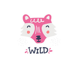 Fototapeta premium Wild hand drawn decorative color vector lettering. Cute pink wolf in scandinavian style flat illustration. Wild wood animal and inscription on white backdrop. Child t shirt design idea