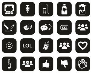 Stand Up Comedy Or Stand Up Show Icons White On Black Flat Design Set Big
