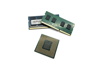 CPU and RAM isolated on a white background. CPU and RAM for a laptop. Set of RAM and processor.