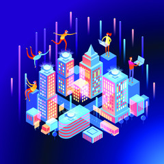 5G network wireless technology  vector concept. High-speed mobile Internet. Using modern digital devices. Smart city or intelligent building isometric. 3d isometric vector illustration.