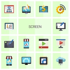 14 screen flat icons set isolated on white background. Icons set with Distance teacher, Graphic tablet, Mobile marketing, Digital illustration, Mobile Learning, Digital marketing icons.