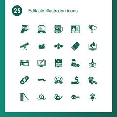 25 illustration filled icons set isolated on . Icons set with web services, Web Development, mining farm, telescope, chicken, blockchain, Small business, Digital illustration icons.