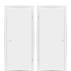 Two realistic empty white closed doors with frames and doorknobs isolated on white. Vector illustration.