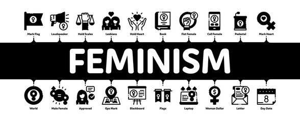 Feminism Woman Power Minimal Infographic Web Banner Vector. Feminism Symbol On Flag And Gps Mark, Lesbians And Hand Hold Scales, Equality And Love Illustrations