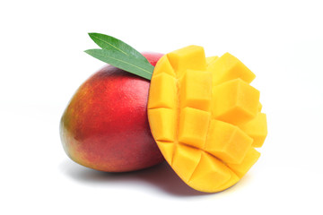 Mango fruit and mango cubes. Isolated on a white background. - Image