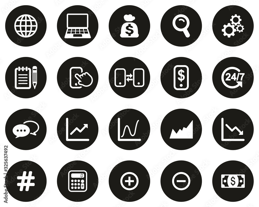 Canvas Prints Stock Market Or Stock Exchange Icons White On Black Flat Design Circle Set Big