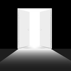 Open double door with light. White doors leading from darkness to light. Vector illustration.