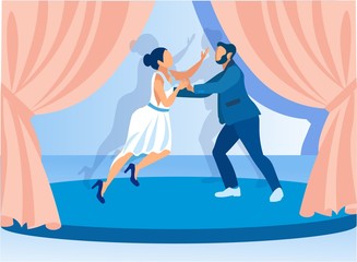Cartoon Couple Performing Classical Dance on Theatre Stage. Creative Faceless People Characters in Casual Clothes Dancing. Man and Woman Silhouette with Shadows. Performance. Vector Flat Illustration