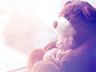 A brown toy bear sits on a window and looks at raindrops on the glass.