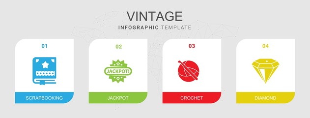 4 vintage filled icons set isolated on infographic template. Icons set with Scrapbooking, Jackpot, crochet, diamond icons.