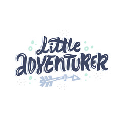 Little adventurer freehand decorative color vector lettering. Hand drawn inscription calligraphy isolated on white background. Arrow, dots and spots design element. Child t shirt design idea