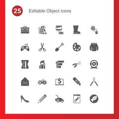 25 object filled icons set isolated on . Icons set with toolbox, Business Company, Video games, Gaming, Scissors, Shovel, Sharpener, Diving, Priority, Envelop, joystick icons.