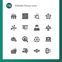Obraz na płótnie Canvas 16 group filled icons set isolated on . Icons set with leader, Puzzle, Audience targeting, Business networking, Presentation, User, business people, Target Audience, teamwork icons.
