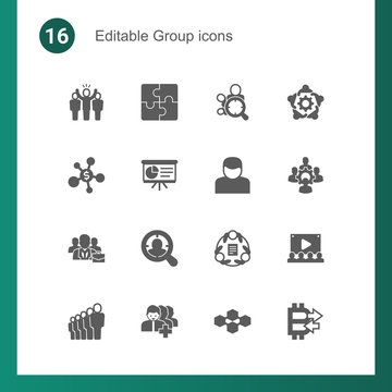 16 group filled icons set isolated on . Icons set with leader, Puzzle, Audience targeting, Business networking, Presentation, User, business people, Target Audience, teamwork icons.