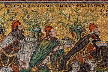  Mosaic of Three Wise Men or Magi wearing trousers and Phrygian caps as a sign of their Oriental...
