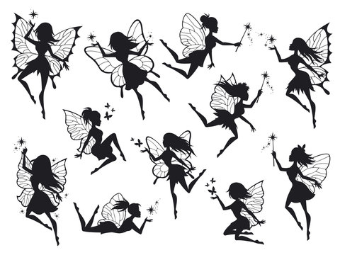 Fairy silhouettes. Magical fairies with wings, mythological winged flying fairytale characters print design outline vector set