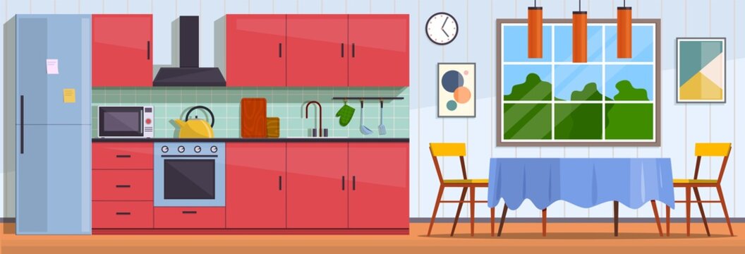 Kitchen. Interior with furniture, stove and cupboard. Fridge and table with chairs, kitchen appliances culinary decor flat vector design
