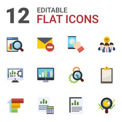 12 report flat icons set isolated on white background. Icons set with Web analytics, Spam, testing, Accounting software, SEO monitoring, Collaborative idea, Priority, Balance Sheet icons.