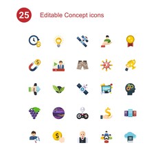 25 concept flat icons set isolated on . Icons set with future of money, Idea, space station, Attract, Video streaming, shorts, Call To Action, vegetarian, satellite, Winemaking icons.