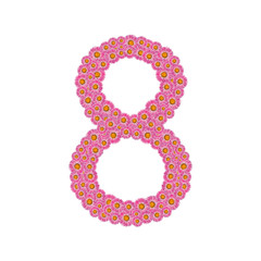 The figure 8 is made up of aster flowers isolated. Floral decoration.