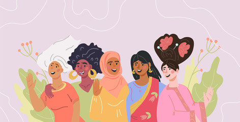 Womens Day poster or greeting card template with different diverse multi ethnic group of women or young girls. Womens solidarity, friendship and feminism poster. Flat vector illustration.