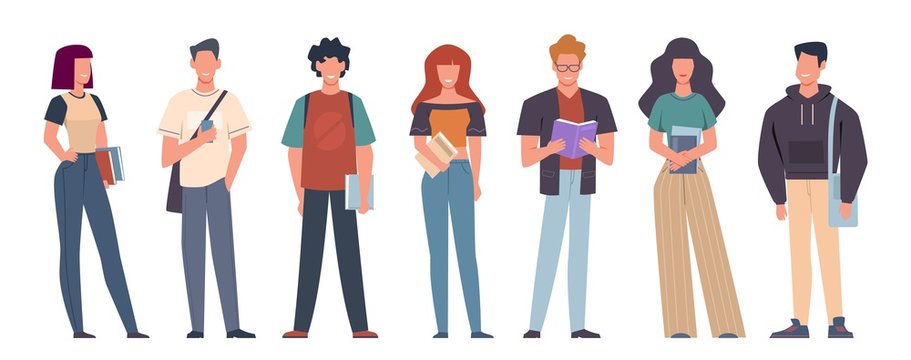 Students. Group of students in casual wear standing with books, backpacks and smartphones, education in college, university vector characters