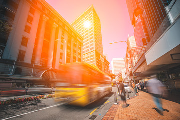 Wellington city centre with sun reflection on building 