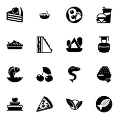 16 food filled icons set isolated on white background. Icons set with dessert, Soup, breakfast, baked fish, sandwich, Camping, Seafood, cherry, Beverage, Product Listing icons.