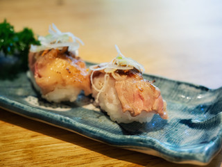 Roasted Beef sushi or Matsusaka sushi is Japanese grill slide beef with Japanese rice.